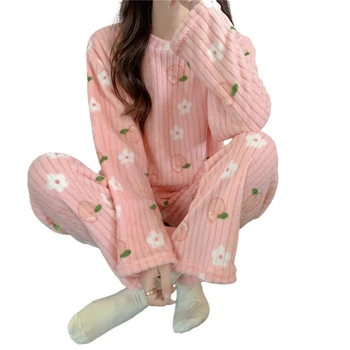 Moterų Koralų Vilnos Pižama Flanelė Sleepwear Minkšta Pižama Nustatyti Sleepwear Žiemą Šiltas Loungewear