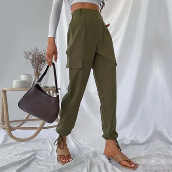 Moterų Krovinių Kelnės darbo drabužiai Raišteliu Apačioje Aukšto Juosmens Jogger Kelnes vientisos Spalvos Sweatpants Mados Multi Pocket Streetwear