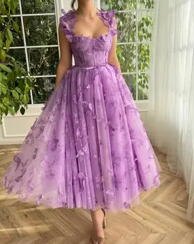 Moterų Tiulio 3D Drugelio Nėrinių Prom Dresses Aplikacijos Spagečiai Dirželiai Suknelė su Plyšio Kulkšnies Ilgis Oficialią Vakaro Suknelės, Šaliai