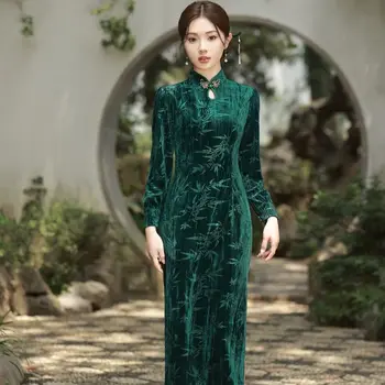 Moterų Veliūras Slim Fit Qipao Derliaus Elegantiškas Ilgomis Rankovėmis Aksomo Cheongsam Rudens Žiemos Naujo Stiliaus Kinijos Tradicinės Suknelės