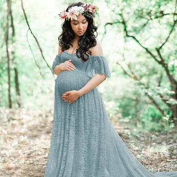 Motinystės Fotografija Suknelės Nėriniai Uodega Trumpas Rankovės Baby Shower Suknelė už Nuotrauką Šaudyti Motinystės Suknelės Kūdikių Dušai