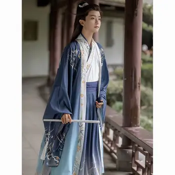 Mėlyna Kinijos Hanfu Tango kostiumų siuvinėjimo senovės kostiumas didelis rankovės jaunimo žaisti kostiumas ir žemės, ilgis etninės
