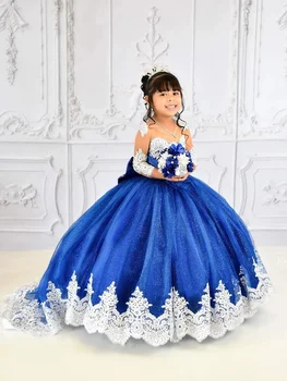 Mėlyna Princesė Kamuolys Suknelė Mergina Dress Pirmoji Komunija Prom Kostiumai, Suknelės, Gėlių Lankas Ilgomis Rankovėmis Klostyti Nėrinių Appliques