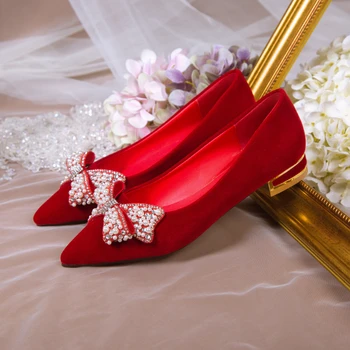 Nauja Stiliaus Vestuvių Bateliai Moterims Mados String Granulių Princesė Aukštakulniai Raudonos Romantiška Vestuvių Batai Drugelis-mazgas Moterų Kulniukai
