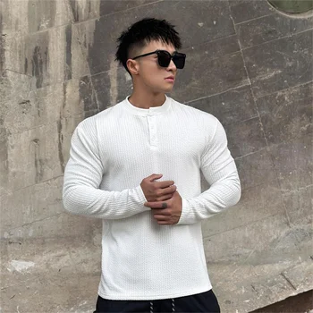 NAUJAS Aukštos kokybės Rudenį vyriški ilgio rankovėmis marškinėliai Mada sporto Mygtuką antkaklis fitneso Mokymo marškinėliai veikia vyrų drabužiai.