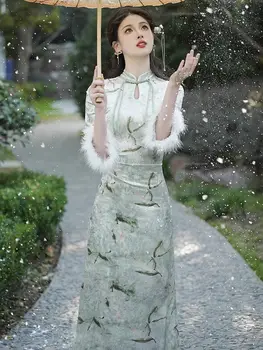 Naujas Kinų Stiliaus Retro Stiliaus Kinijos Kailinių Rankoves 2024 Ilgai Patobulinta Versija Qipao Ilgas Rankovėmis Moterų Ritininės Temperamentas Suknelė