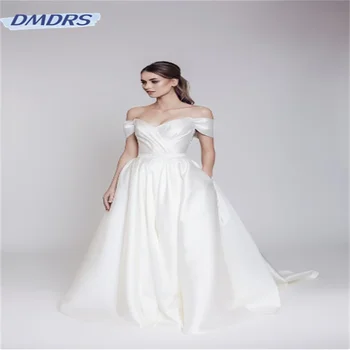 Paprasta Brangioji Kaklo nuo Pečių Vestuvių Suknelė Elegantiškas, Grindų ilgio A-line Bridal Gown Grakštus Vestidos De Novia