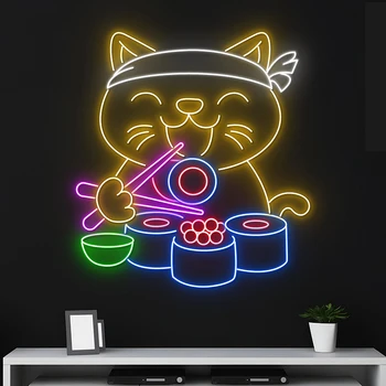 Pasisekė Katė Valgyti Suši Neoninis Ženklas Suši Neon LED Šviesos Japonų Maisto Sienų Apdailai Neoninės Šviesos Vaikas, vaikų Darželio Restoranas Kambario Dekoro