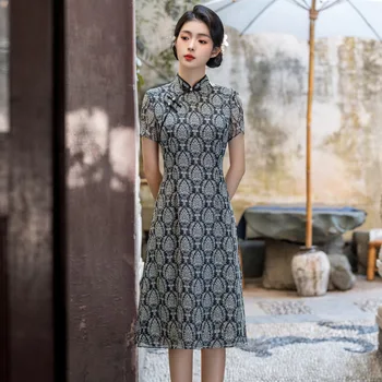 Pavasario Elegantiškas Kinų Mandarinų Apykaklės Trumpas Rankovės Cheongsam Kinijos Rankų Darbo Mygtukai Satin A-Line Qipao Moterų Suknelė