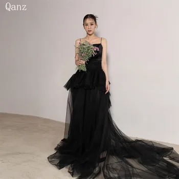 Qanz Juodas Elegantiškas Vakarines Sukneles Korėja Tiulio Oficialus Suknelės Ilgai Spagečiai Dirželiai Kvadratinių Kaklo Vestuvės Dress
