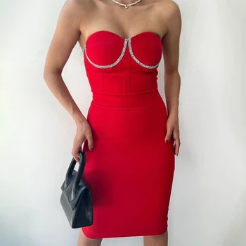 Raudona Šalis Suknelė Kalėdų Kristalų Brangioji Skiltyje Moterų Kokteilių Suknelės 2024 Kelio Ilgio Diržas Trumpo Vakaro Suknelės, Šaliai
