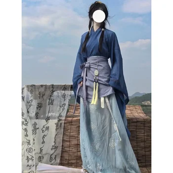 Retro Hanfu Blue Cross Apykaklės Hanfu Nustatyti Moterų Retro Rytų Dress Helovinas Velykų Vaidmenų Kostiumas