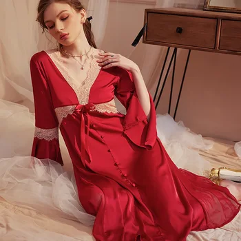 Retro prancūzijos Pižamą Moterų Seksualus V-Kaklo, Nėriniai Nightdress Sleepwear Pavasario Vasaros Šilko Satino Namų Padažu Suknelė naktiniai drabužiai