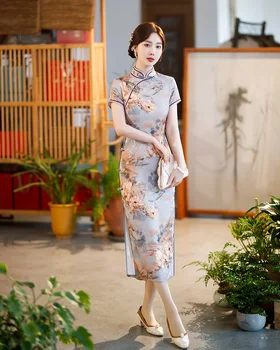 Retro Tradicinių Mandarinų Apykaklės Spausdinti Žakardo Satino Cheongsam Vasaros Kinijos Moterų Qipao vakarinę Suknelę