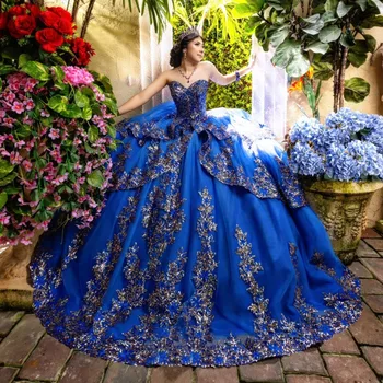 Royal Blue Quinceanera Suknelę 2024 Vestidos De 16 Nėrinių Appliques Kristalų Brangioji Princesė Saldus vestidos de 15 Gimtadienis Kamuolys