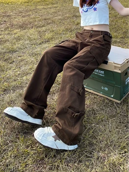 Ruda Krovinių Kelnės Derliaus Y2k Streetwear Atsitiktinis Mados Baggy Tiesios Kojos Grunge Didelis Kišenėje Dizaineris Gatvės Plačios Kelnės Moterims