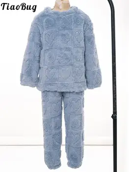 Rudenį Vaikų Berniukų, Mergaičių Šiltas Sleepwear Širdies Modelis Flanelė Pižama Nustatyti Vienos Lyties Vaikai Vientisos Spalvos Ilgomis Rankovėmis Viršūnes Su Kelnes