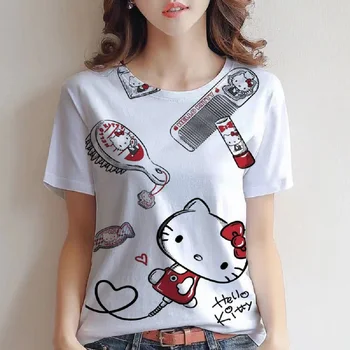 Sanrio Hello Kitty Medvilnės Naujas Vasaros Prarasti Trumpomis Rankovėmis T-Shirt Viršų Moteriška Tamsiai Spausdinti Mergaitė Cute Ir Saldus Drabužius Harajuku Y2k
