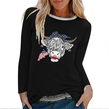 Seeyoushy Bull Galvos Spausdinti Įdomus Išspausdintas Ponios Viršų O-Kaklo, ilgomis Rankovėmis T-shirt Y2K Estetinės Tendencijos Moterims Drabužių Atsitiktinis Ponios Viršų