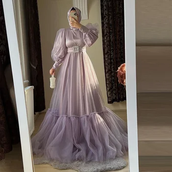 Sevintage Kuklus Violetinė Keltas Suknelės Ilgomis Rankovėmis Aukštos Kaklo-Line Arabų Musulmonų Vakarinę Suknelę Turkijos Oficialią Šalies Chalatai 2023