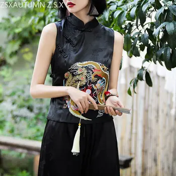Siuvinėjimo Nacionalinės Stiliaus Moterų Liemenė Tradicinių Gilet Retro Stiliaus Kinijos Šiuolaikinės Rankovių Rytietišką Tango Kostiumas Viršuje Liemenė