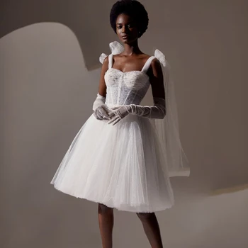 Spalvingas Mini Vestuvių Suknelės, Modernios Lankas-Dirželiai Vestuvinės Suknelės, Uždusęs Sijonas Tiulio Nėrinių-Up Uždarymo Kristalų Vestidos De Novia
