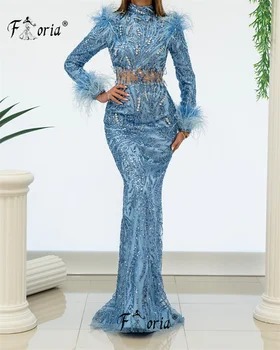 Spindintys Deimantai Zawalcowany Mėlyną Vakarinę Suknelę Dubajuje Moteris Plunksnų Ilgomis Rankovėmis Undinė Elegantiškas Vestuvės Dress Oficialių Pokylių Suknelė