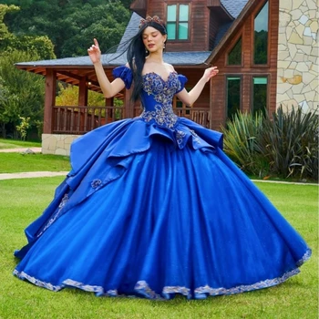 Tamsiai Mėlynos Spalvos Prabanga Princesė Quinceanera Suknelės 2023 Elegent Nėriniai, Uždusęs Appliques Duobute Lankas Nuo Peties Saldus Šalis Suknelės