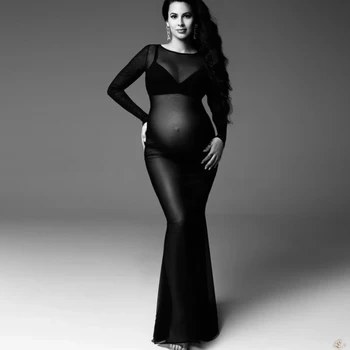 Tiulio Bodysuit Nėštumo Akių Audinio Suknelė Ilgomis Rankovėmis Ruožas Moterų Motinystės Apranga Slim Fit Stilius Sijonas Fotosesiją