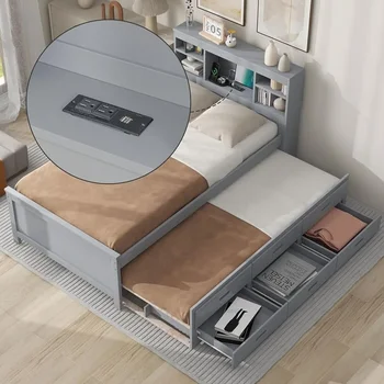 Twin platforma lova su laikymo, pagalvėlė, medžio masyvo kapitonas lova su dviem ratukais, 3 stalčiai ir USB kištuką