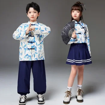 Vaikų Drabužiai Kinų Stiliaus Mados Spausdinimo Dizainą Veiklos Mergaitės Dėvėti Klasikinio Šokio Trumpas Sijonas Nustatyti Berniukų Etape Apranga