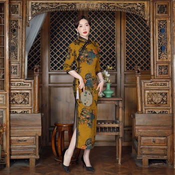 Vasaros Gėlių Spausdinti Ilgas Aukštas Padalintas Cheongsam Elegantiškas Pagerėjo Vintage Stiliaus Kinijos Mandarinų Apykaklės Qipao