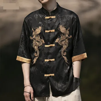 Vasaros Kinų Tradicinė Suknelė Plius Dydis Aukštos Kokybės Dragon Siuvinėjimas, Marškinėliai Vyrams Drabužius Ledo Šilko Trumpas Rankovės Derliaus Viršūnės