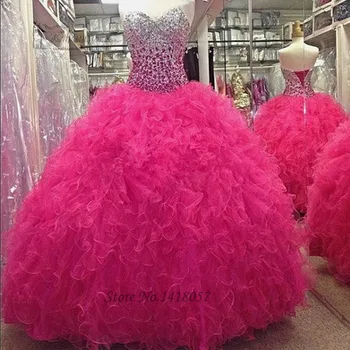 Vestidos de 15 Anos Pigūs Quinceanera Suknelės Fushcia Kristalų Quinceanera Suknelės 2016 Raukiniai Organza Debutante Saldus 16 Suknelės