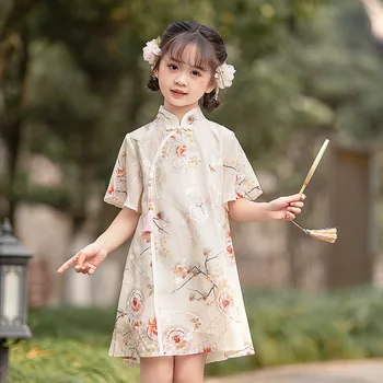 Vinatge Kinijos Mergaičių Hanfu Cheongsam Suknelės Vaikų Vasaros Naują Vaikai Qipao Gėlių Spausdinimo Studentų Vienodas Pasakų Suknelė Cosplay