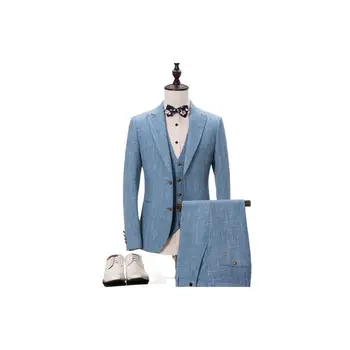 Vyriški Trijų dalių korėjos Šviesiai Mėlyna Keturis Sezonus Kostiumas Rudenį Verslo Kostiumas Jaunikis Vestuvių Suknelė Hostingas Drabužiai