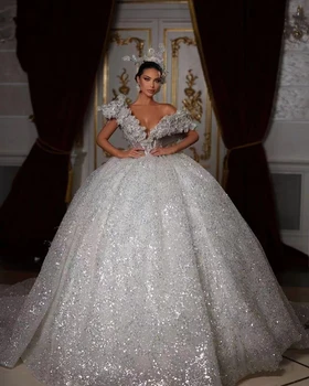 Žavinga Vestuvių Suknelė Kristalų Nuotakos Kamuolys Chalatai Blizgučiai 3D Gėlių Off Peties Užsakymą Vestidos De Novia