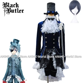 《Pasirinktinis dydis》Anime Black Butler Kuroshitsuji Ciel Phantomhive Tamsiai Mėlyna Cosplay Uniformos Kostiumas Helovinas Šalis Unisex Perukas